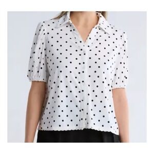 Adrienna Papell Polka Dot Puff Sleeve Knit Button-Up Top Sz XL Color Black/White